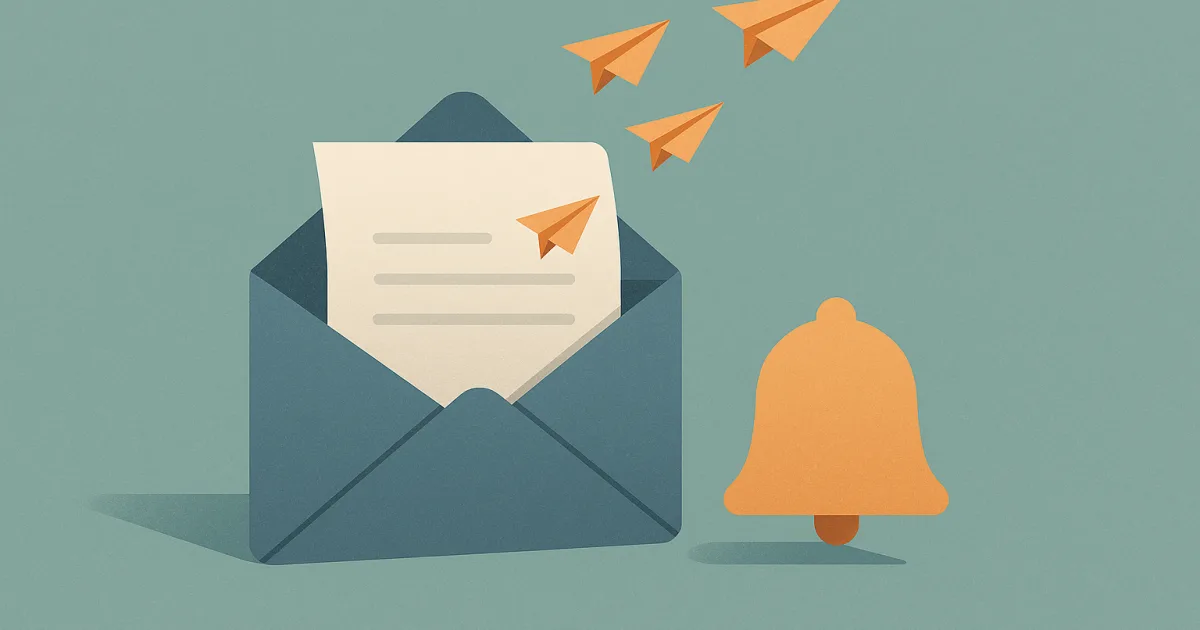 Illustratie van een nieuwsbrief: een open envelop met wegvliegende papieren vliegtuigjes