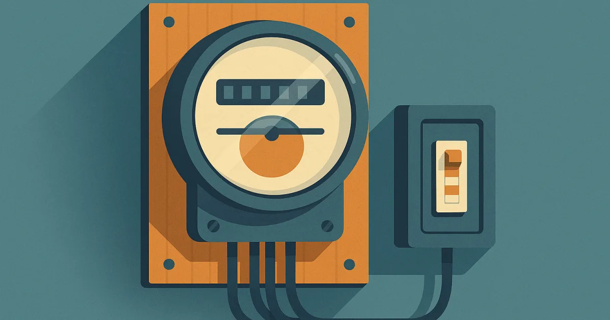 Illustratie van een klassieke elektriciteitsmeter met draaischijf en zekeringkast