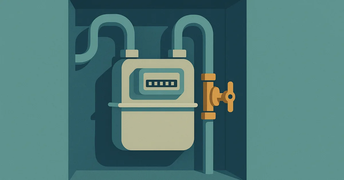Illustratie van een gasmeter met aan- en afvoerleiding en afsluitkraan