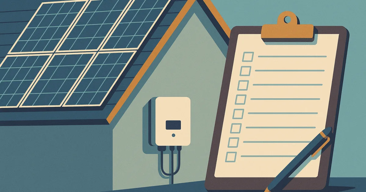 Illustratie van zonnepanelen op een dak met omvormer en een keuringsklembord op de voorgrond