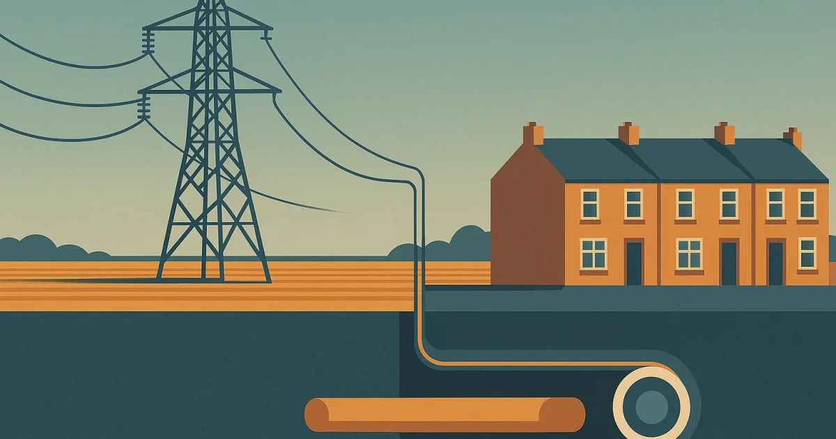 Illustratie van het Vlaamse distributienet: hoogspanningsmast en ondergrondse kabel naar rijwoningen