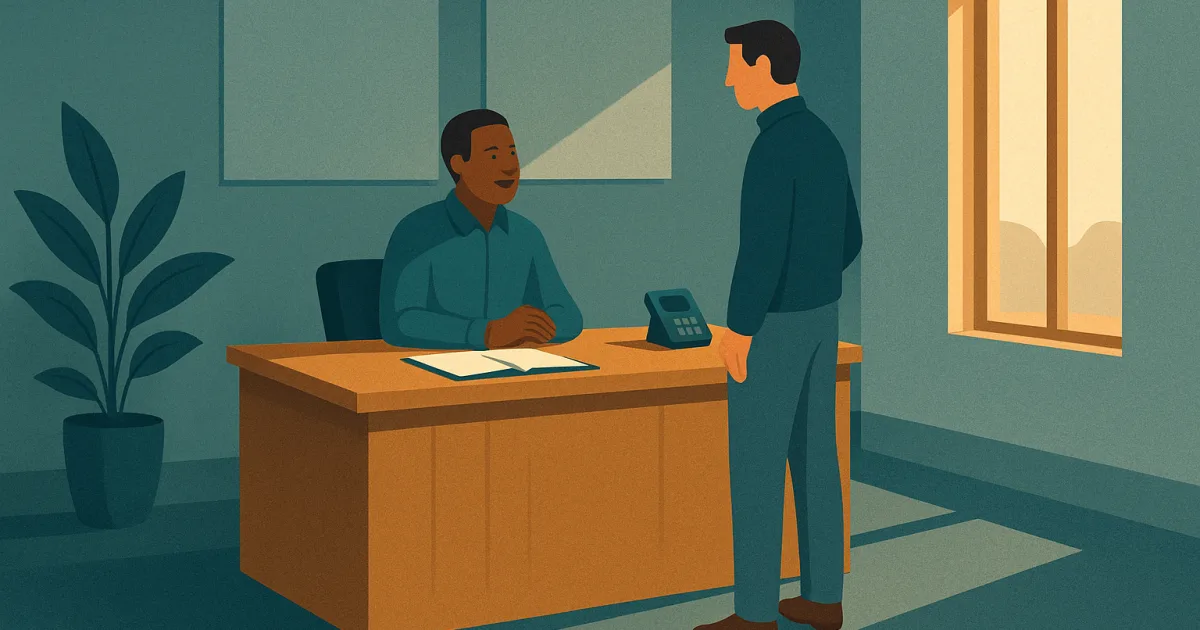 Illustratie van een onthaalkantoor waar een medewerker een bezoeker aan de balie helpt