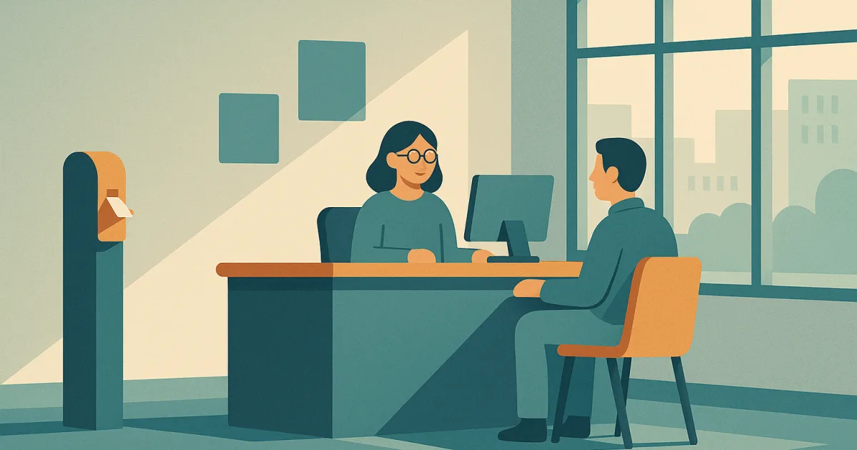 Illustratie van een loket in een stadskantoor met medewerker, bezoeker en ticketverdeler