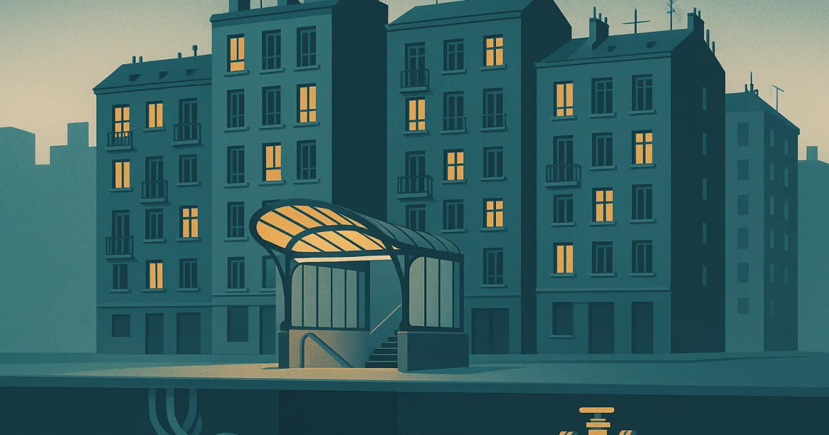 Illustratie van het Brusselse stadsnet: appartementsgebouwen met ondergrondse kabels en gasleiding