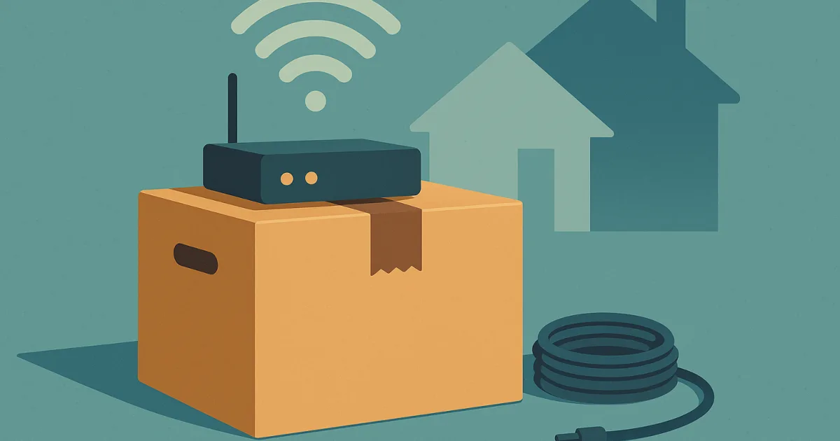 Illustratie van een telecomverhuis: een router op een verhuisdoos tussen twee woningen