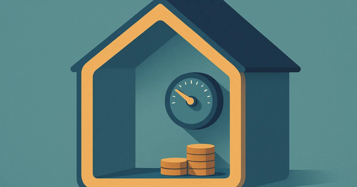 Illustratie van energie besparen met isolatie, een thermostaat en dalende kosten