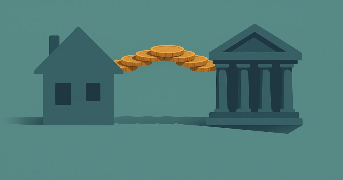Illustratie van een energielening: een muntenbrug tussen een bank en een woning