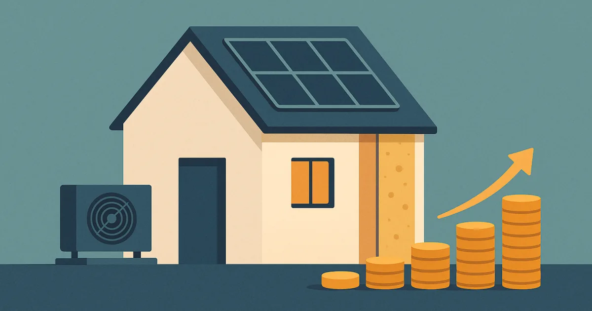 Illustratie van energiebesparende investeringen: warmtepomp, zonnepanelen en isolatie