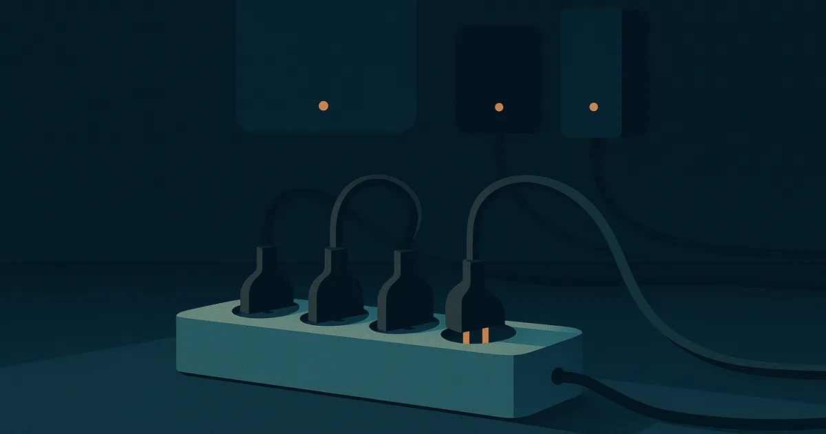 Illustratie van sluipverbruik: toestellen op standby met oplichtende lampjes in een donkere kamer