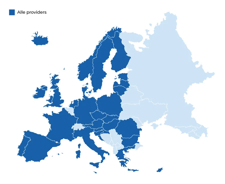 Kaart van Europa met de EU-landen waar Belgen gratis kunnen roamen (Roam Like At Home), uitgebreid met IJsland, Liechtenstein, Noorwegen en sinds 2025 ook het Verenigd Koninkrijk.