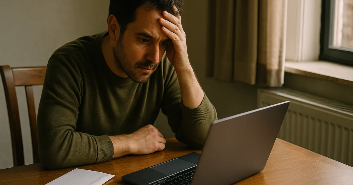 Bezorgde persoon met de hand aan het hoofd achter een laptop aan de eettafel